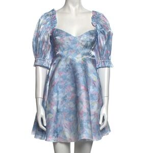 Elegant Floral Puff Sleeve Dress in Blue and Pink